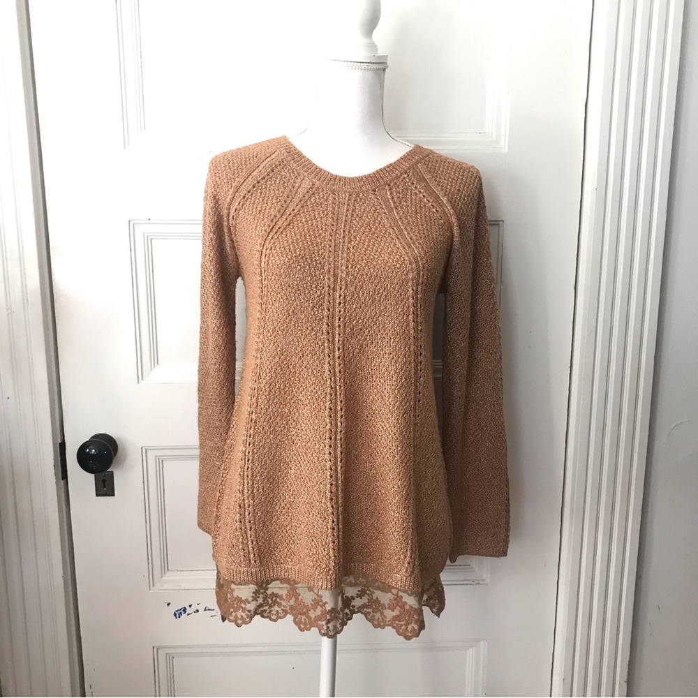 MARBLE Scotland Gold Textured Cotton Blend Sweater with Lace Hem